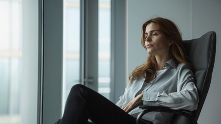 Relaxed businesswoman in gray office chair with copy space. Corporate portrait for design and printの素材