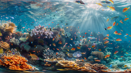 Underwater coral reef with diverse fish species and sunlight piercing through water. Wide-angle underwater photography.の素材