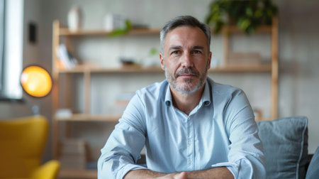 Middle-aged man in a casual shirt, portrait with a contemplative expression. Home office background suggesting remote work and modern lifestyle.の素材