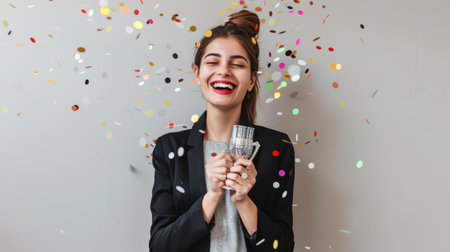 Joyful woman holding a trophy with confetti falling around her. Celebration and success concept with copy spaceの素材