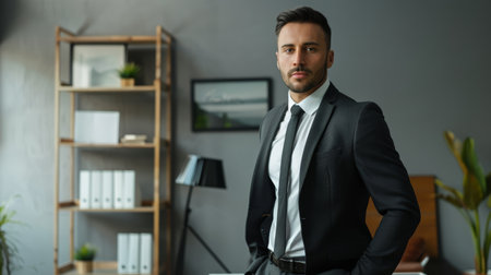 Confident businessman standing in a modern office. Corporate success and professional confidence concept.の素材