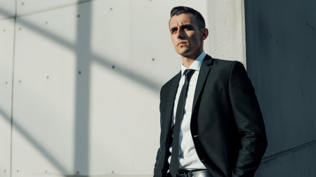 Serious businessman with shadow play on white concrete wall. Modern corporate concept with copy space for design and printの素材