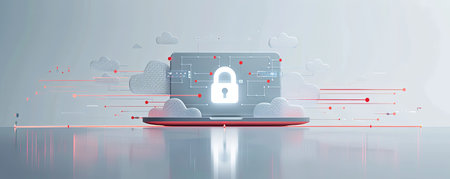 Stylized laptop with padlock and abstract cloud computing elements on a reflective surface. Digital security and data encryption conceptの素材
