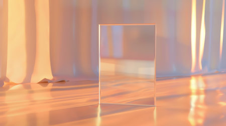 Minimalistic glass rectangle on an orange-toned curtain background. Abstract light play concept for artistic backgrounds and product displayの素材
