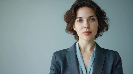 Confident young professional woman in a business suit with a contemplative expression on a cool gray backgroundの素材