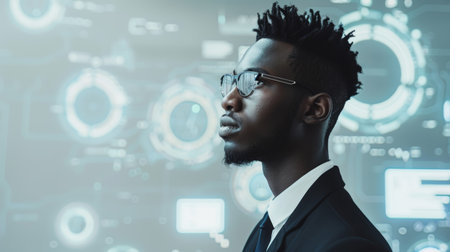 African American businessman with virtual futuristic interface. High-tech business concept. Design for tech advertisement, corporate profileの素材
