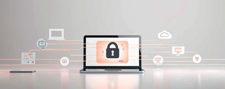 Sleek laptop with security lock icon connected to digital symbols. Network security and data protection concept.の素材