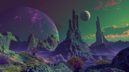 Alien landscape with large moons. Digital art of extraterrestrial mountains under a starry skyの素材