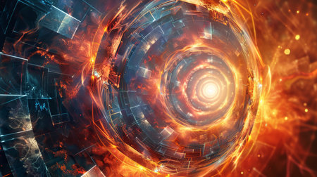 Fiery swirl with central glowing orb. Abstract representation of a supernova or galaxy coreの素材