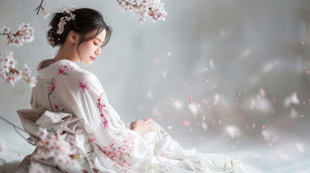 Traditional Asian bridal attire. Studio portrait of a woman in embroidered kimono with floral hair accessoriesの素材