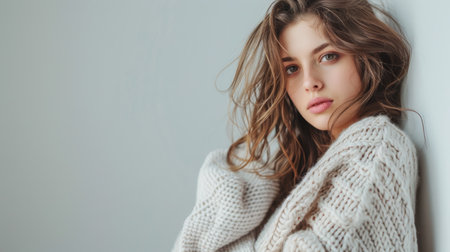 Portrait of a young woman in cozy knit sweater. Studio shot with a minimalist aesthetic. Fashion and lifestyle conceptの素材