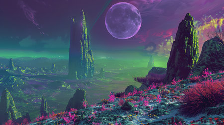 Alien landscape with large moons. Digital art of extraterrestrial mountains under a starry skyの素材