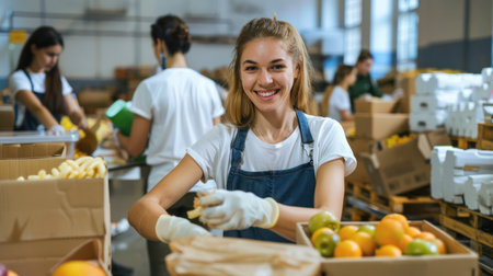 An enthusiastic woman joining forces with volunteers to pack donated food at a community service center.の素材