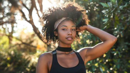 Woman enjoying sunset in golden field. Outdoor wellness and meditation concept with copy space for design and printの素材
