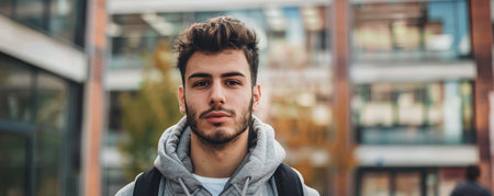 young man amidst the university grounds, meeting the lens with a composed expression.の素材