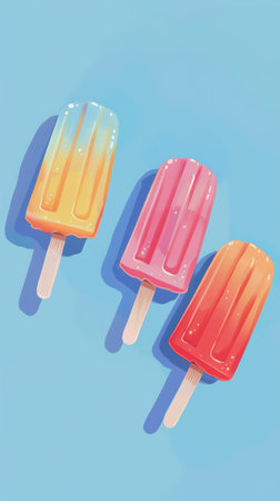Digital illustration of colorful ice pops on a bright blue background with playful shadowsの素材
