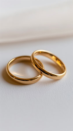 Pair of gold Wedding ring on a white background, macro shotの素材