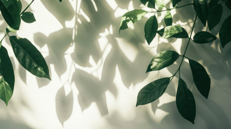 abstract leaves shadow sunlight blurred on white wall backgroundの素材