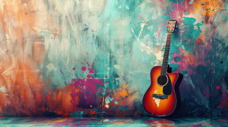 Acoustic guitar leaning against a vibrant, multicolored abstract painted backgroundの素材