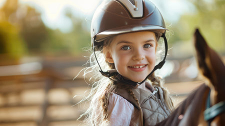 Happy girl kid at equitation lesson looking at camera while riding a horse, wearing horseriding helmetの素材