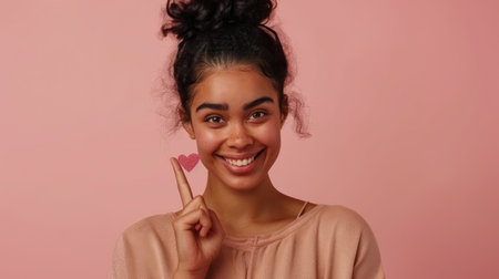 Smiling young woman with a heart gesture on a pink background. Positive emotions and self-love conceptの素材