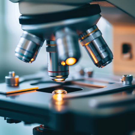Science and medical treatment research concept image with microscopy research using a microscope close-up viewの素材