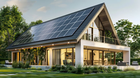 New modern eco friendly passive house with a photovoltaic system on the roof and landscaped yard. Solar panels on the gable roofの素材
