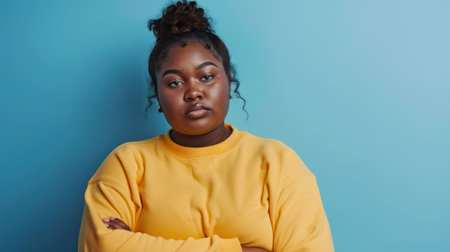 Portrait of serious dark skinned overweight young woman looks directly at camera dressed in sweatshirt concentrated at camera poses against blue backgroundの素材