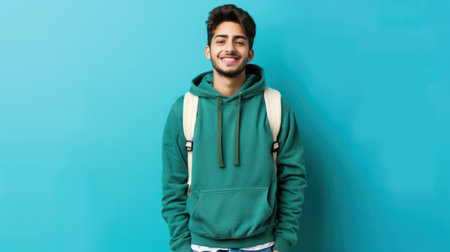 Confident young man with glasses standing with arms crossed in a green hoodie on a blue background.の素材