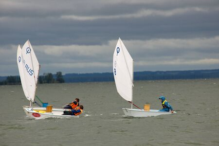 NOVOSIBIRSK,RUSSIA-JULY12:Sailing Regatta, Inter-regional competition to support children's sailing Siberiariver-2015 July12, sailing kids, 2015 in Novosibirsk, Russiaのeditorial素材