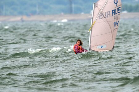 NOVOSIBIRSK,RUSSIA-JULY12:Sailing Regatta, Inter-regional competition to support children's sailing Siberiariver-2015 July12, sailing kids, 2015 in Novosibirsk, Russiaのeditorial素材