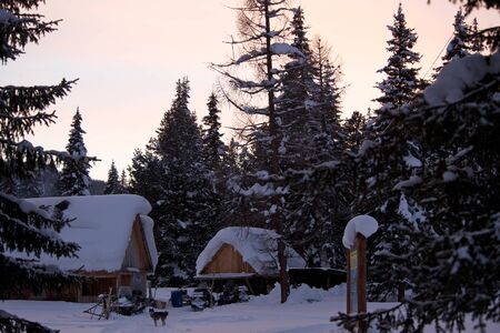 View of traditional old wooden house in winterの写真素材