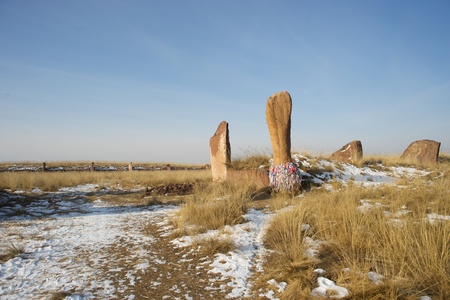 Ancient rock sculptures in Mongoliaの写真素材