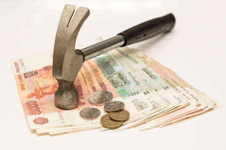 Russian rubles are fanned out and from top to hammerの写真素材