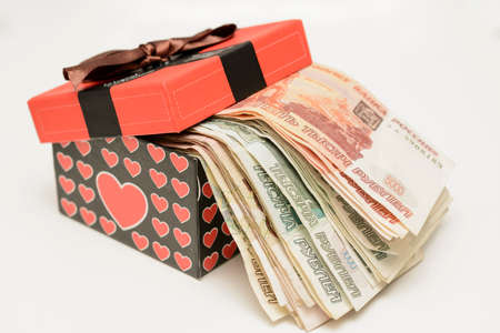 Russian rubles are fanned out in a gift boxの写真素材