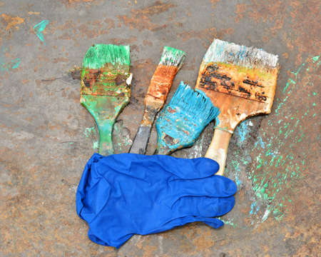 brush to paint in different colors and glovesの写真素材