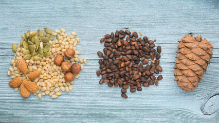 pumpkin, cedar, apricot, hazelnut seeds lie on a wooden surface