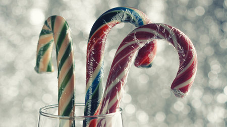 Christmas candy canes of different colors on a beautiful backgroundの写真素材