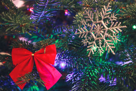 Christmas decoration on christmas tree, bokeh lights