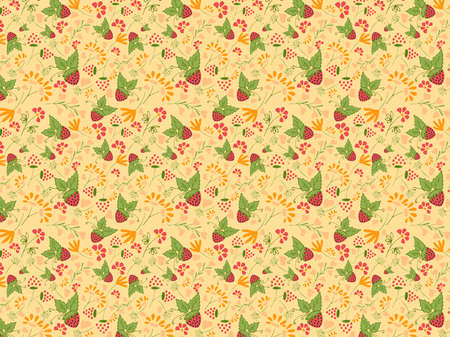 spring disposition. organic berries strawberry and flowers seamless pattern vector illustration