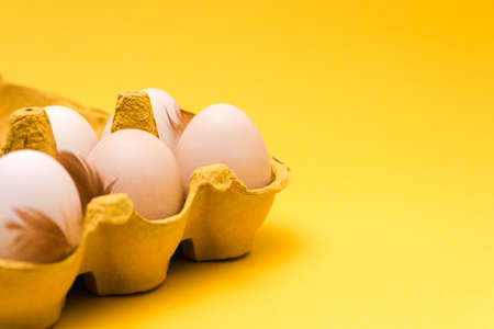 closeup. six ecological eggs and natural further in an eggbox on yellow background