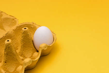 one egg inside of a six pack cardboard on yellow background. concept designsの写真素材