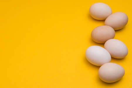 natural ecological eggs on yellow background in a row with copyspace
