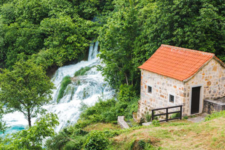 a wide view from the top of the Krka waterfalls, Croatia in mayの写真素材