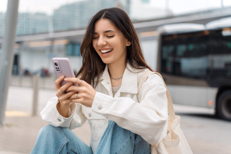 Waiting for the bus and for love. Bright cheerful young woman of Turkish mixed race in white casual clothes with a charming smile holding a phone in the street at public transportation stopの写真素材