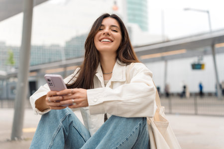 Waiting for the bus and for love. Bright cheerful young woman of Turkish mixed race in white casual clothes with a charming smile holding a phone in the street at public transportation stopの写真素材