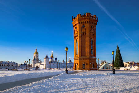 beautiful giant water tank tower of brick and cement of old townsのeditorial素材