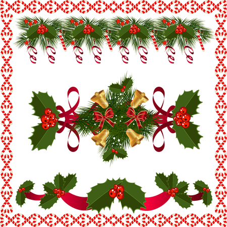 A traditional Christmas Garland made with red berries, and ribbon on a white background.Festive Holiday  Background. Garland Border Made Of Holly Berriesのイラスト素材