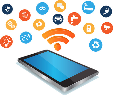 Smartphon with Blue screen and shiny 3d wifi sign above. Modern mobile phone conected to the internet of things.のイラスト素材