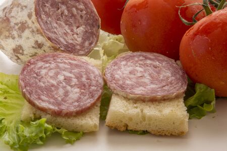 Italian rustic appetizer, tasty focaccia, salami tomatoesの写真素材